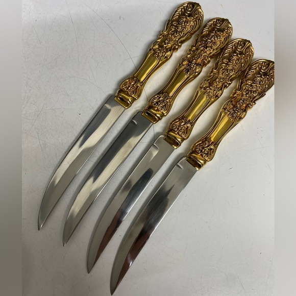 F. B. Rogers Steak Knife Set Goldplated French Rose - Picture 3 of 14